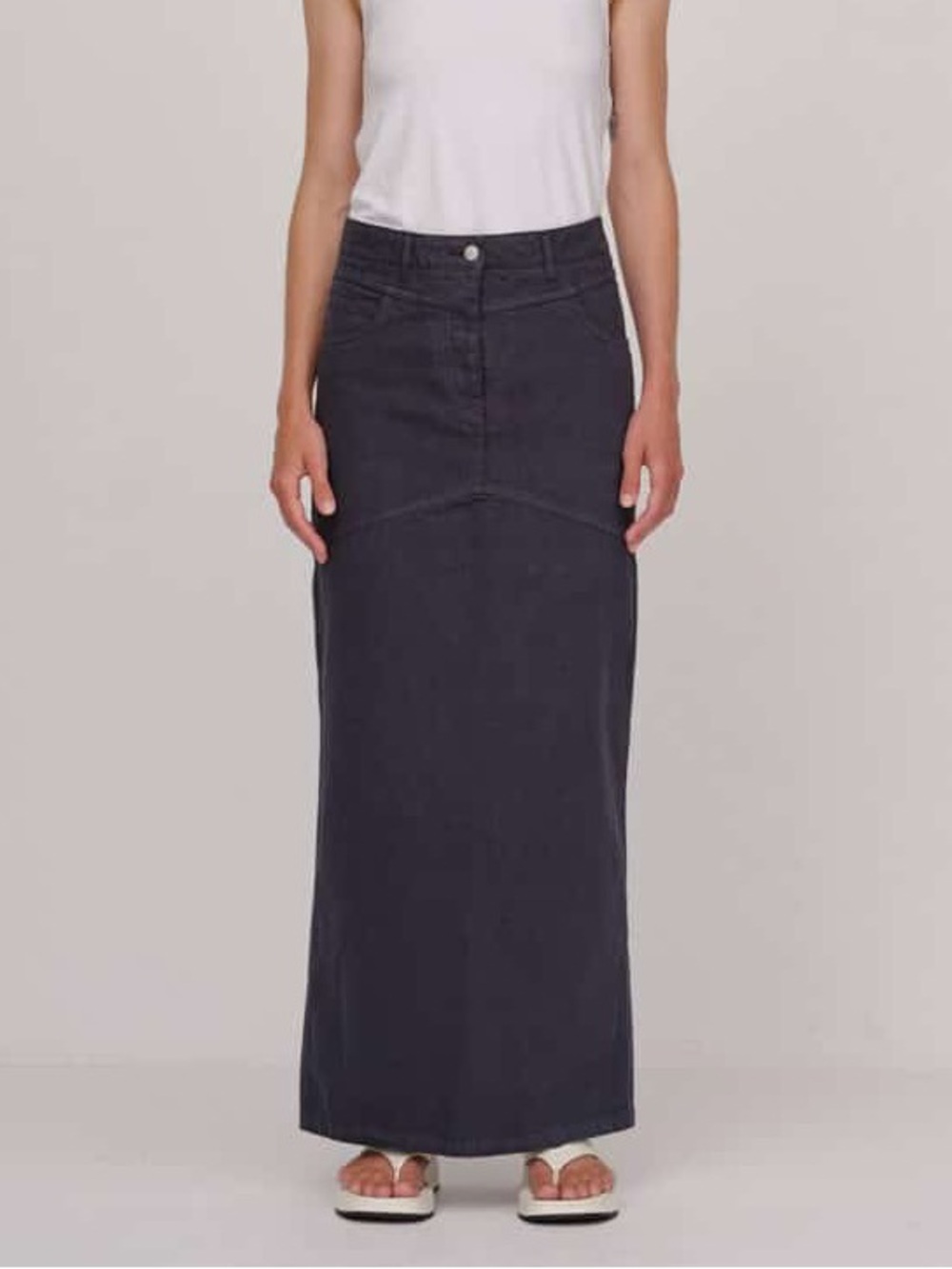 NWT Herskind Nikita Skirt Denim Long Straight Back Slit in Ebony Blue